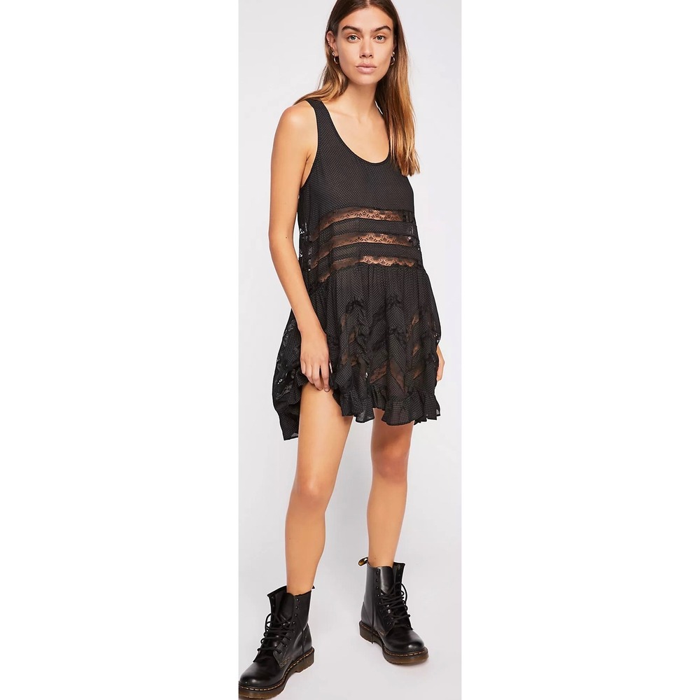 Intimately Free People Black Polka Dot Voile & Lace Trapeze Slip Dress M